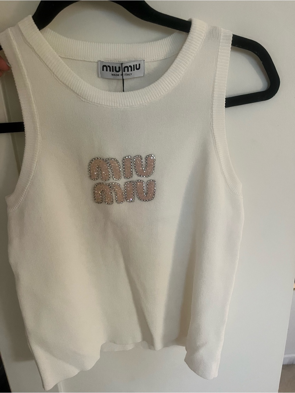 Miu Miu Cream Knit Tank with Crystal-Trim Logo